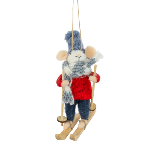 Felt Skiing Mouse Red And Blue With Knit Hat