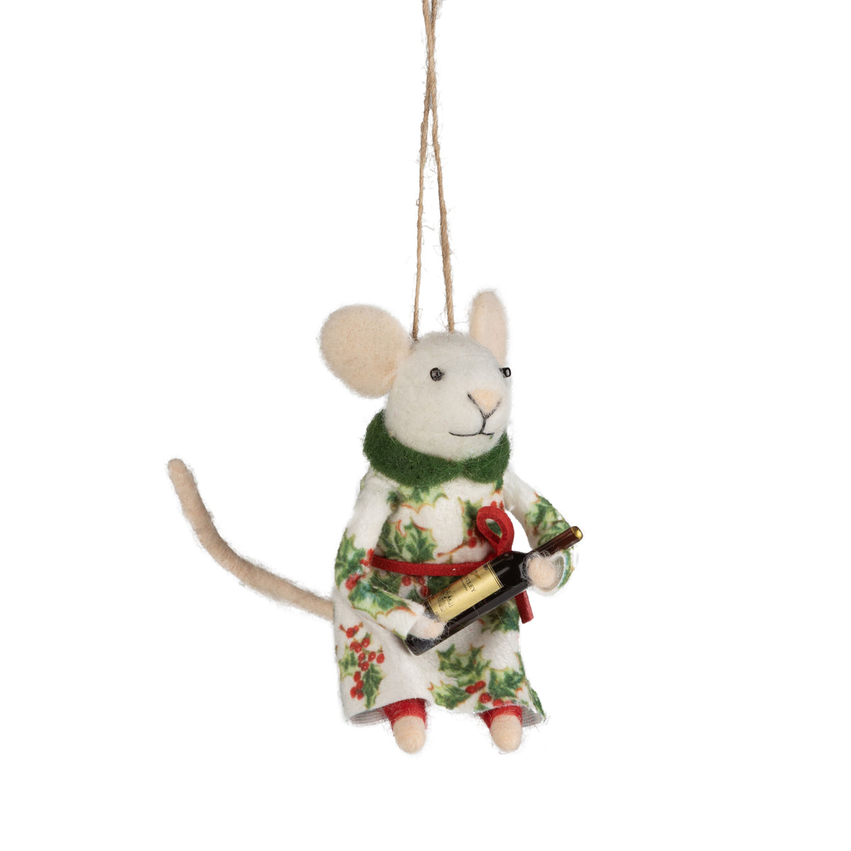 Felt Mouse in Holiday Outfit with Wine Bottle Ornament