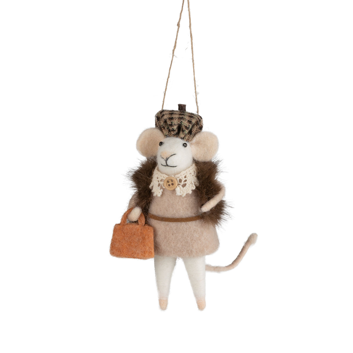 Felt Mouse With Handbag, Faux Fur Jacket Ornament