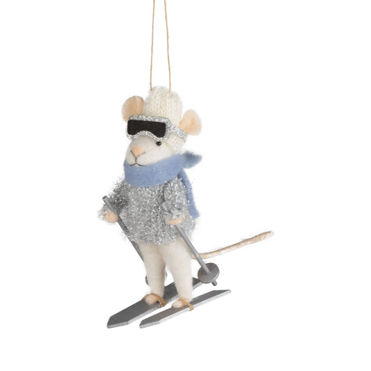 Felt Skier Mouse Silver Sparkle w/ Goggles Ornament