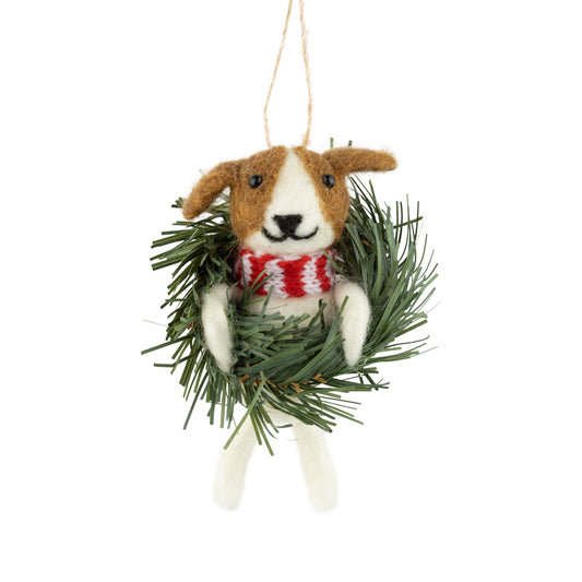 F101 - Felt Dog In Wreath Ornament With Red And White Scarf