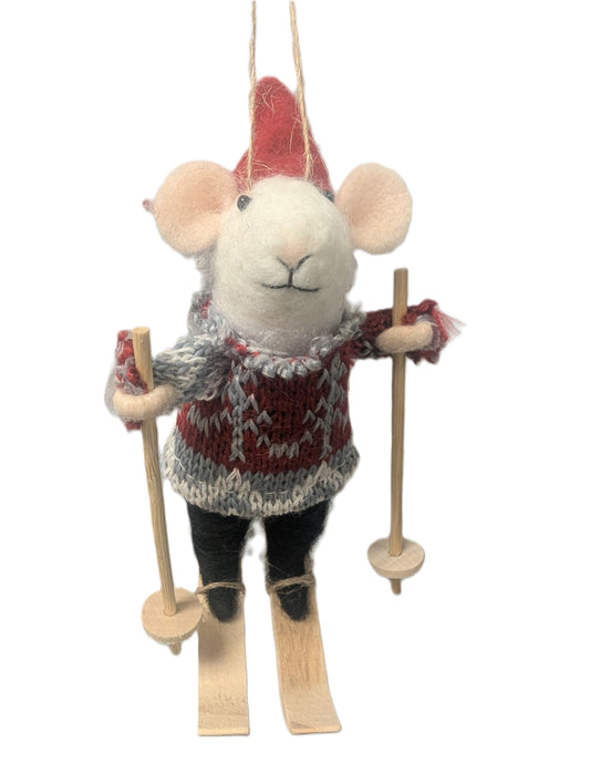 Felt Mouse On Skis Ornament in Cable Knit Grey + Red Sweater