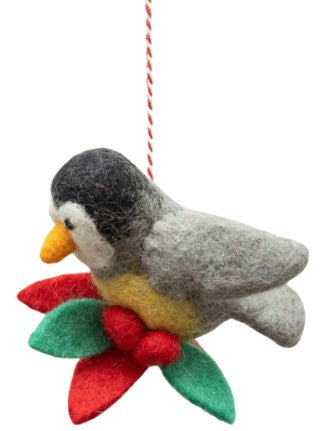 Felt Bird Ornament Grey With Red Berries And Green Leaves