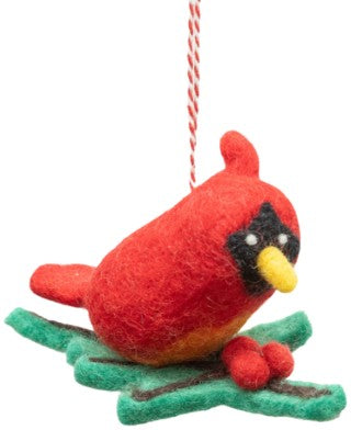 Felt Cardinal Ornament On Holly Leaves
