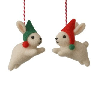 Felt Ornaments, White Rabbits With Red/Green Hat