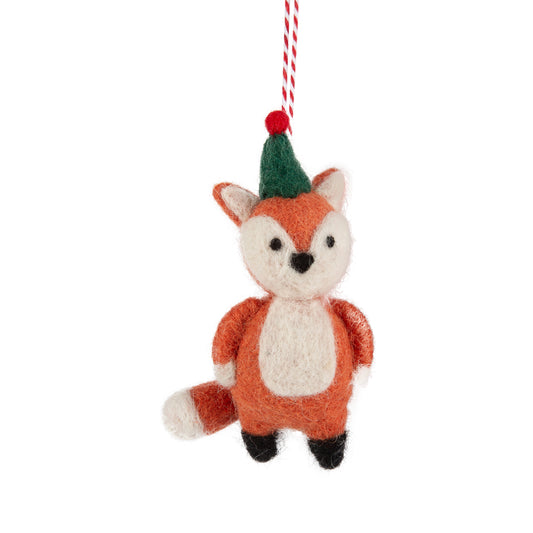 Felt Fox Ornament Orange White With Green Hat