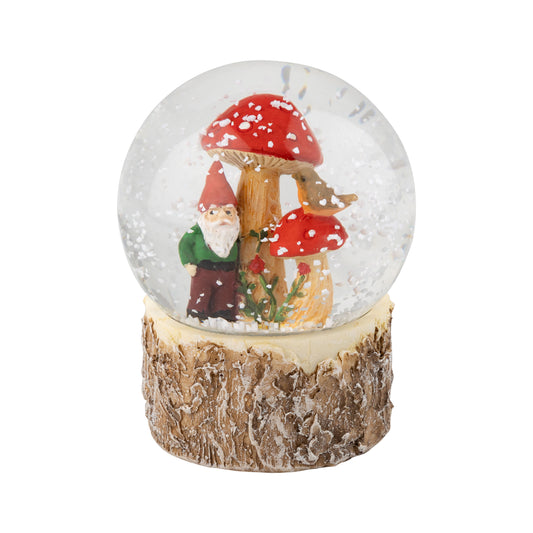 Resin Snow Globe With Elf, Mushroom + Bird, Textured Woodland Base