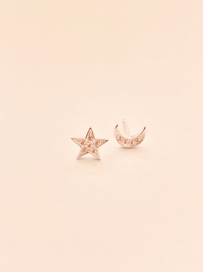 CZ Pave Moon and Star Stud Polished Sterling Silver Earrings