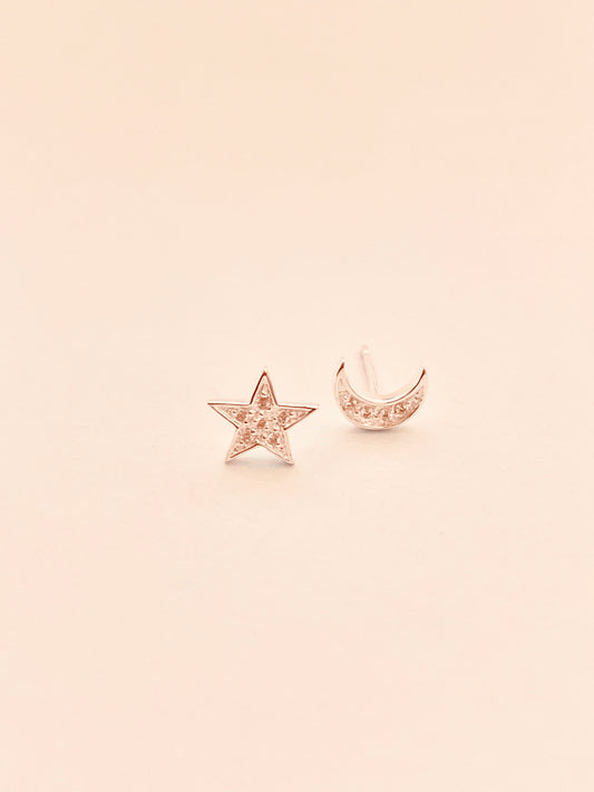 CZ Pave Moon and Star Stud Polished Sterling Silver Earrings