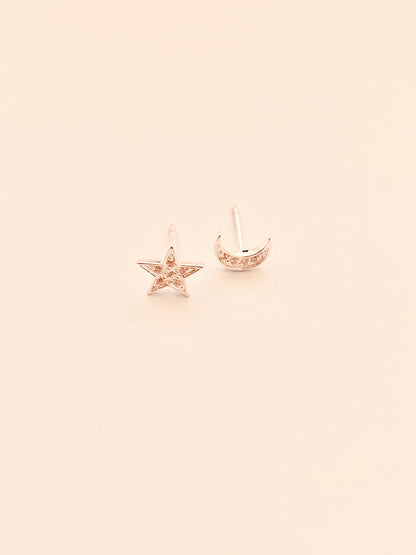 CZ Pave Moon and Star Stud Polished Sterling Silver Earrings