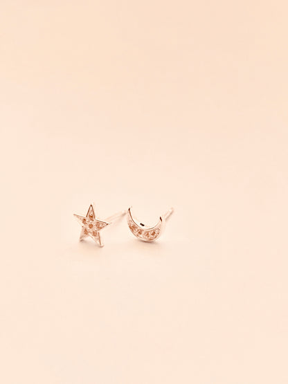 CZ Pave Moon and Star Stud Polished Sterling Silver Earrings