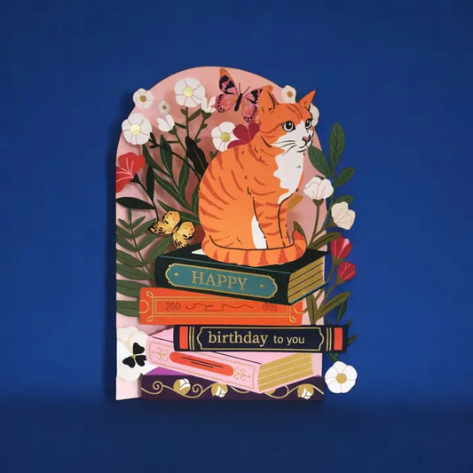 Cat And Books Laser Cut Birthday Card
