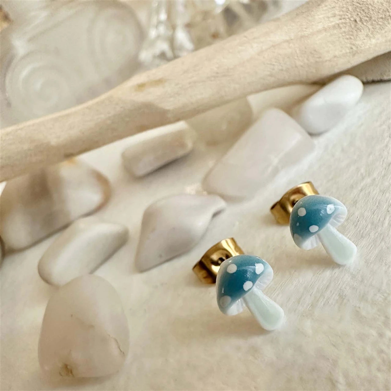 Agaric Porcelain Mushroom Stud Earrings Blue