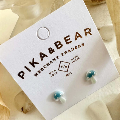 Agaric Porcelain Mushroom Stud Earrings Blue