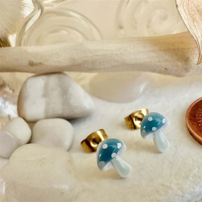 Agaric Porcelain Mushroom Stud Earrings Blue