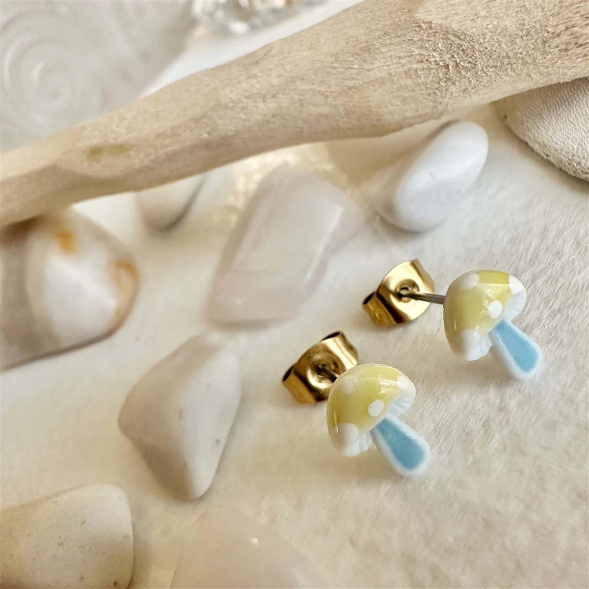 Agaric Porcelain Mushroom Stud Earrings Yellow