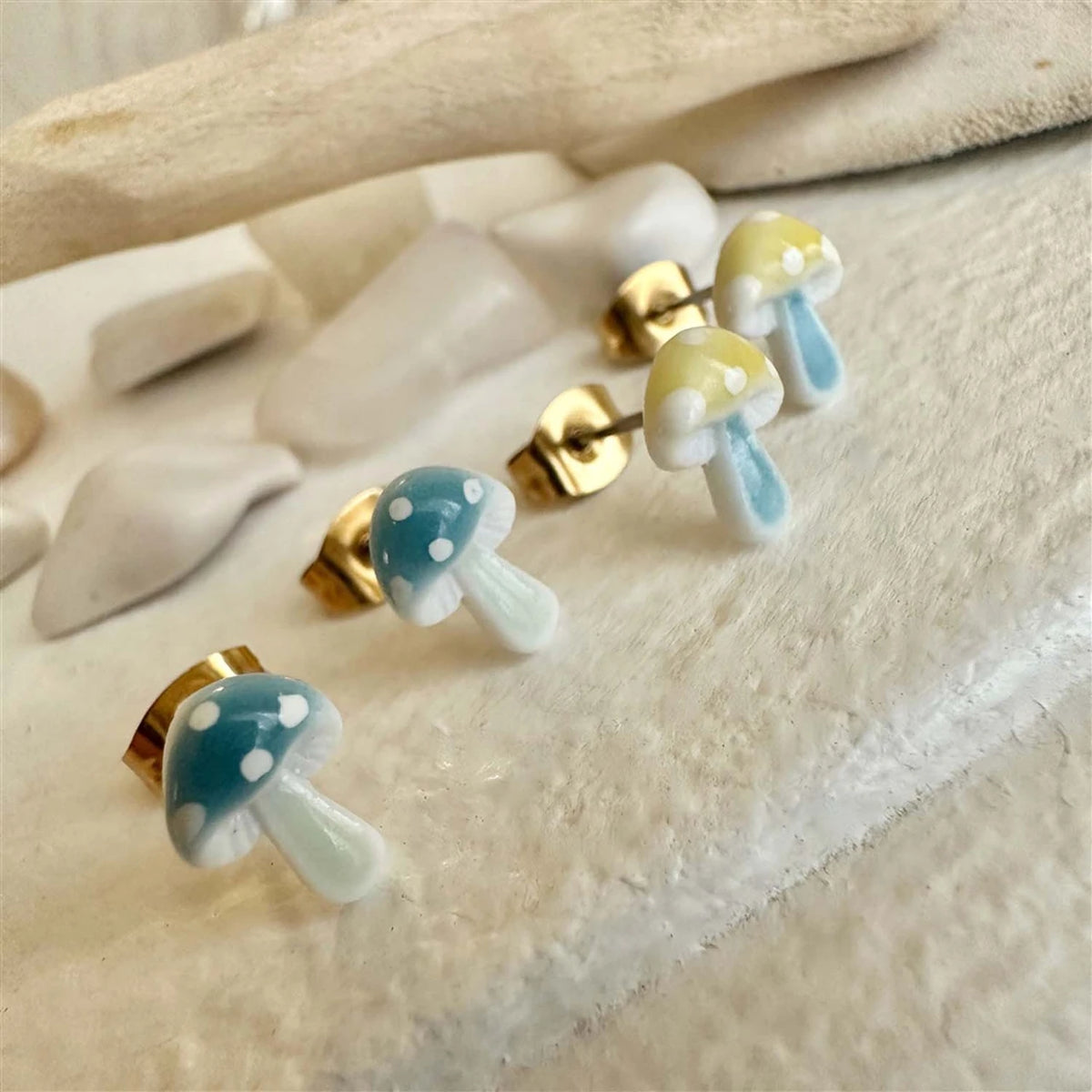 Agaric Porcelain Mushroom Stud Earrings Blue