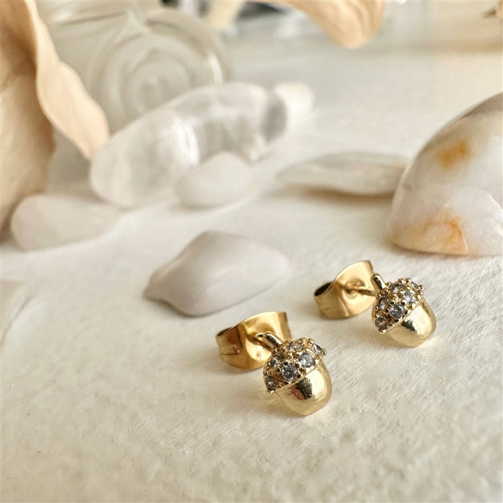 Akerne Gemstone Encrusted Acorn Stud Earrings with Sterling Silver Posts