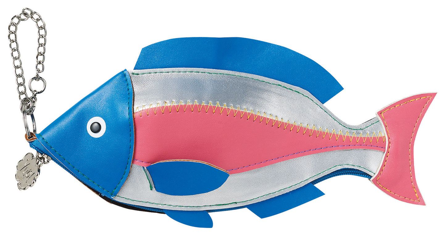 Fish-shaped purse with blue and pink design on a white background