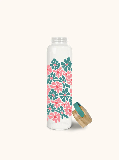 Daisy Maze  Glass Water Bottle with Bamboo