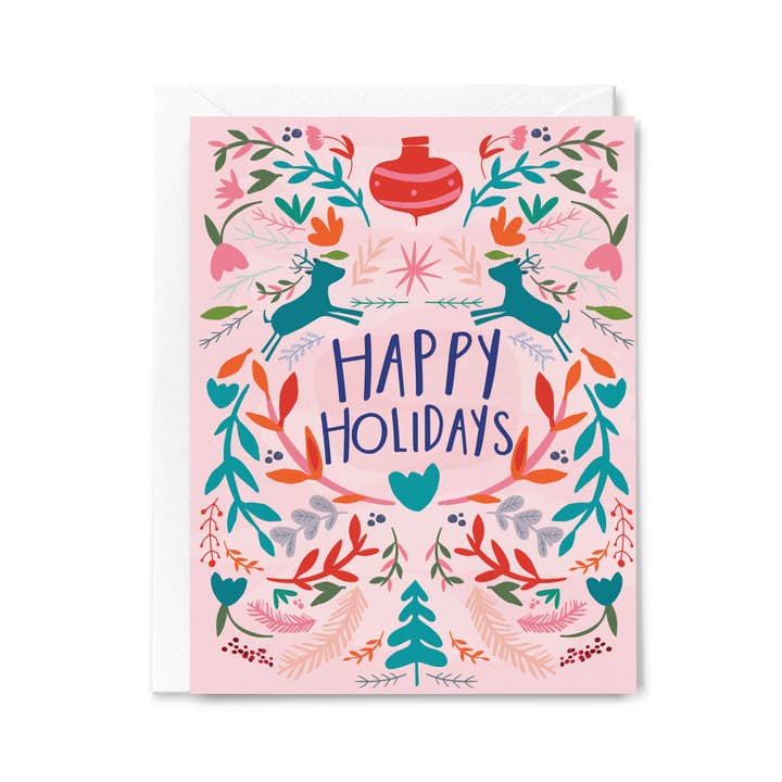 Happy Holidays Pink Floral Card