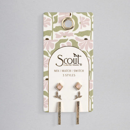 Stud Trio Ear Jacket Set Leaf Rose Quartz Gold