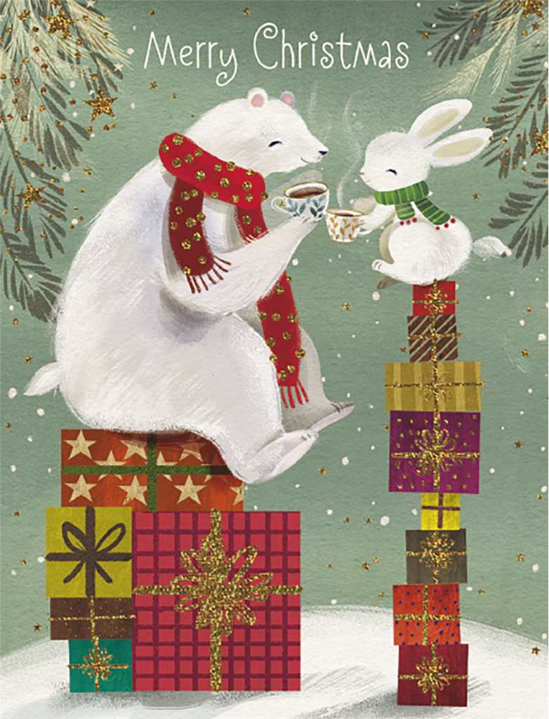 Bear and Bunny On Presents Christmas Boxed Cards