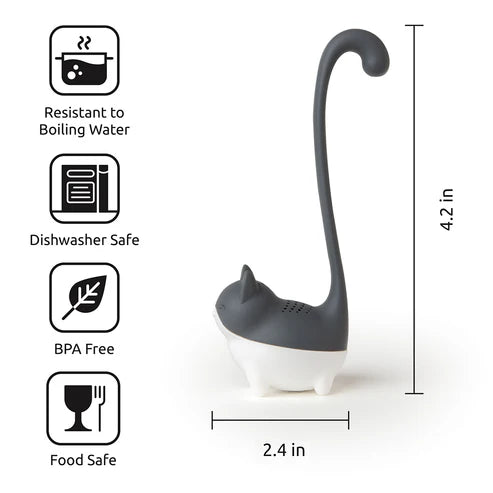 Cat-shaped tea infuser with features and dimensions on a white background