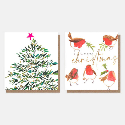 Xmas Tree and Robins Cards Pack of 8