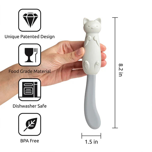 White cat-shaped tool held by a hand with product features and dimensions displayed.