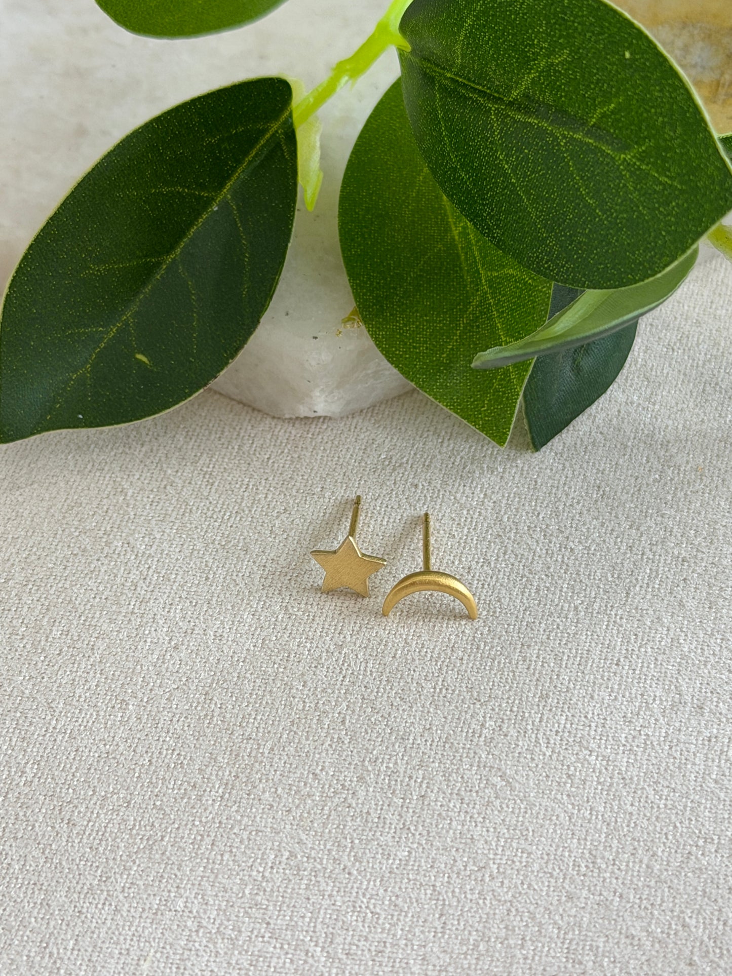 Moon Star Stud Brush 14k Gold Vermeil Earrings