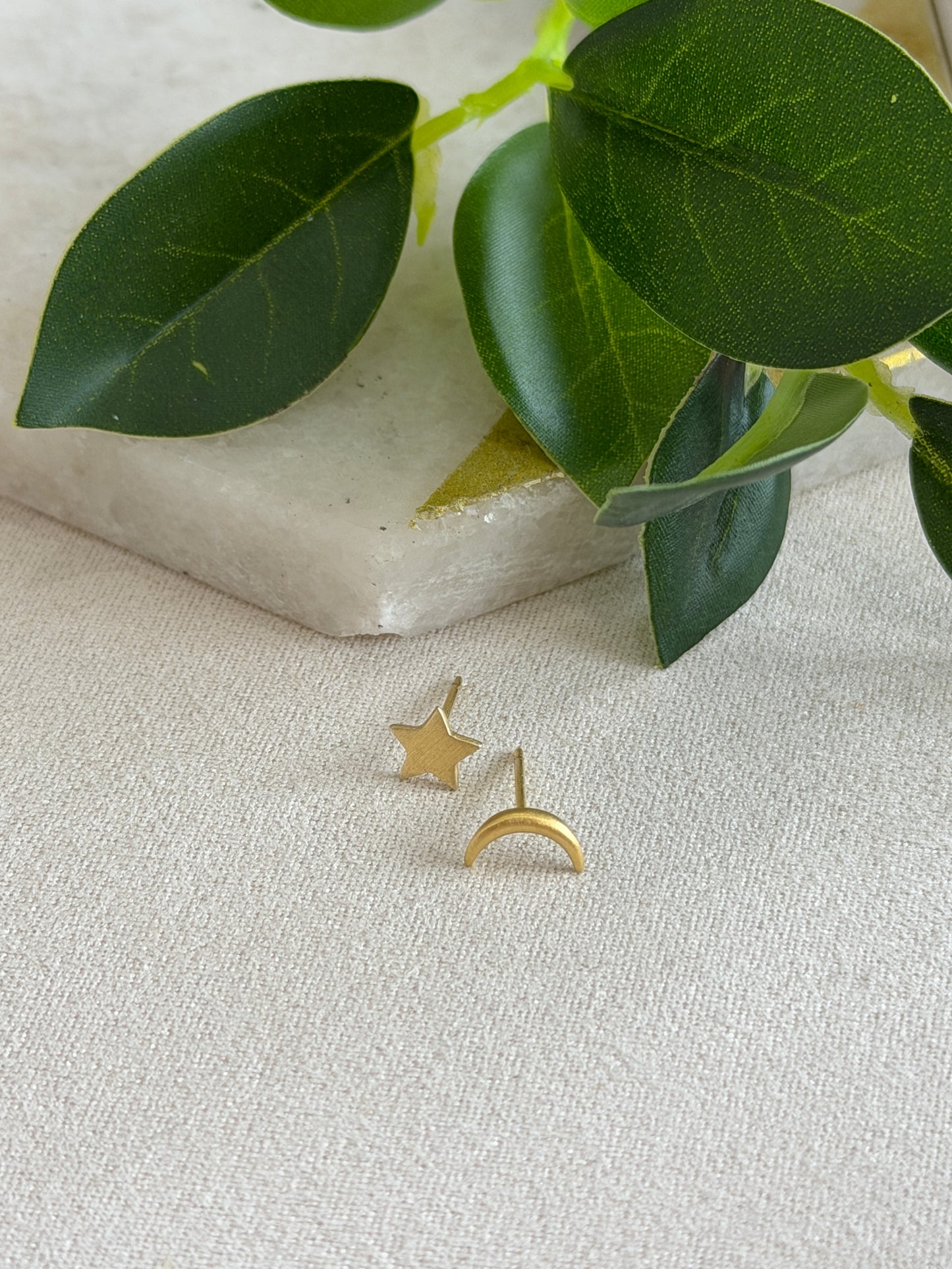 Moon Star Stud Brush 14k Gold Vermeil Earrings