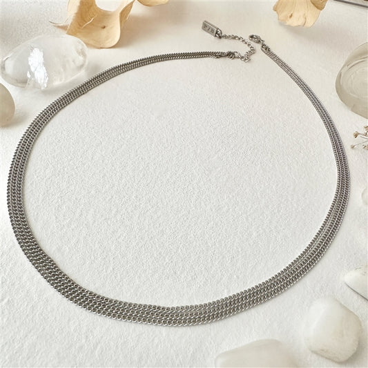 Ariadne Triple Layer Tiny Curb Chain Necklace - Silver