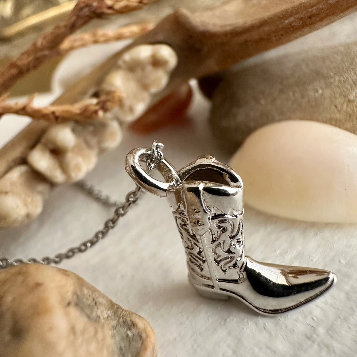 Dolly Cowboy Boot Charm Necklace Silver