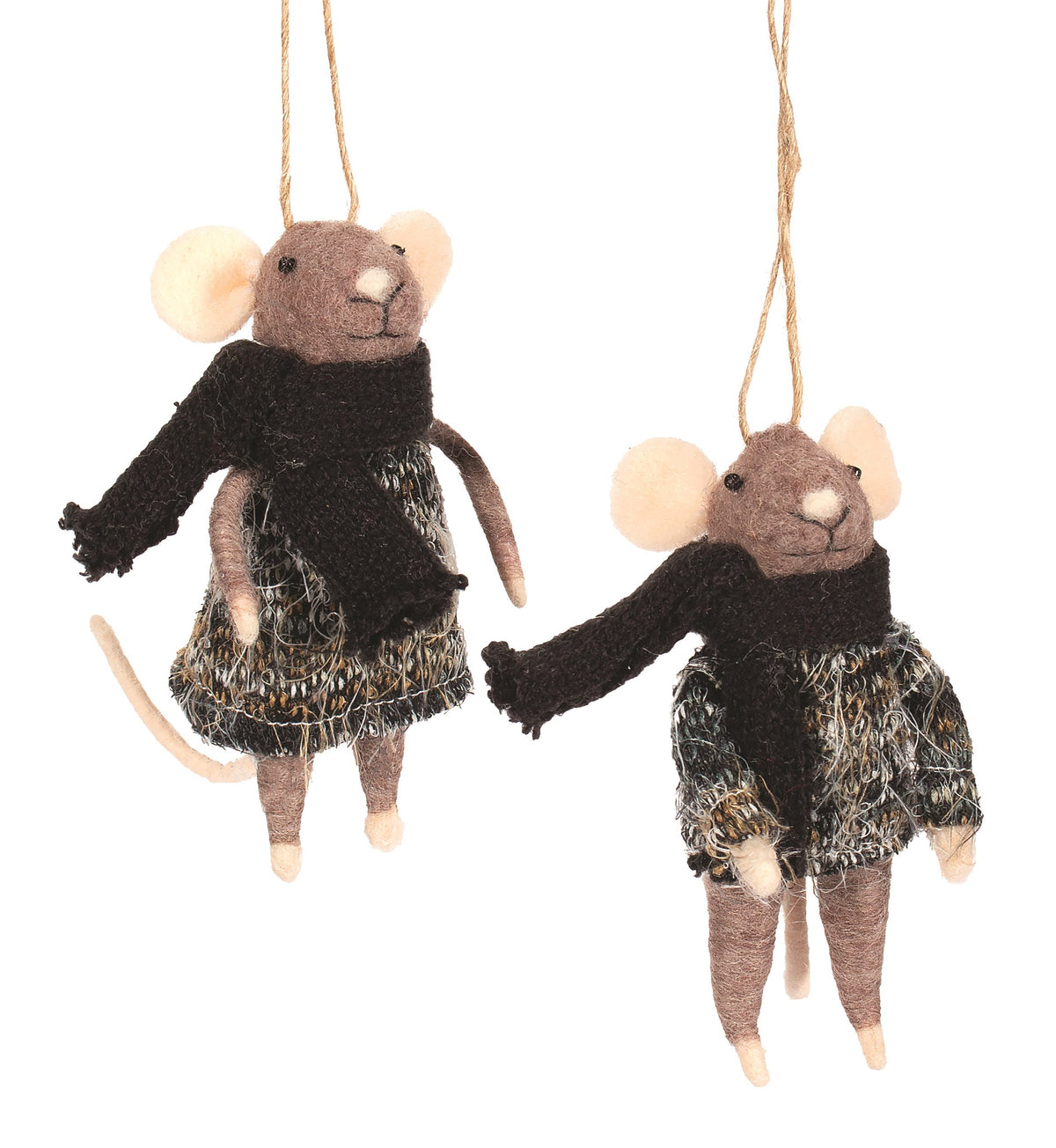 Felt Mice Couple in Black Wool Sweater & Scarf Christmas Ornament (Assorted)