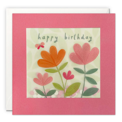 Pink and Orange Flowers Birthday Card with Paper Confetti