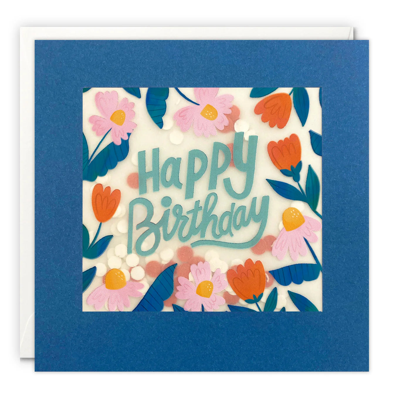 Blue and Orange Flowers Birthday Card with Paper Confetti