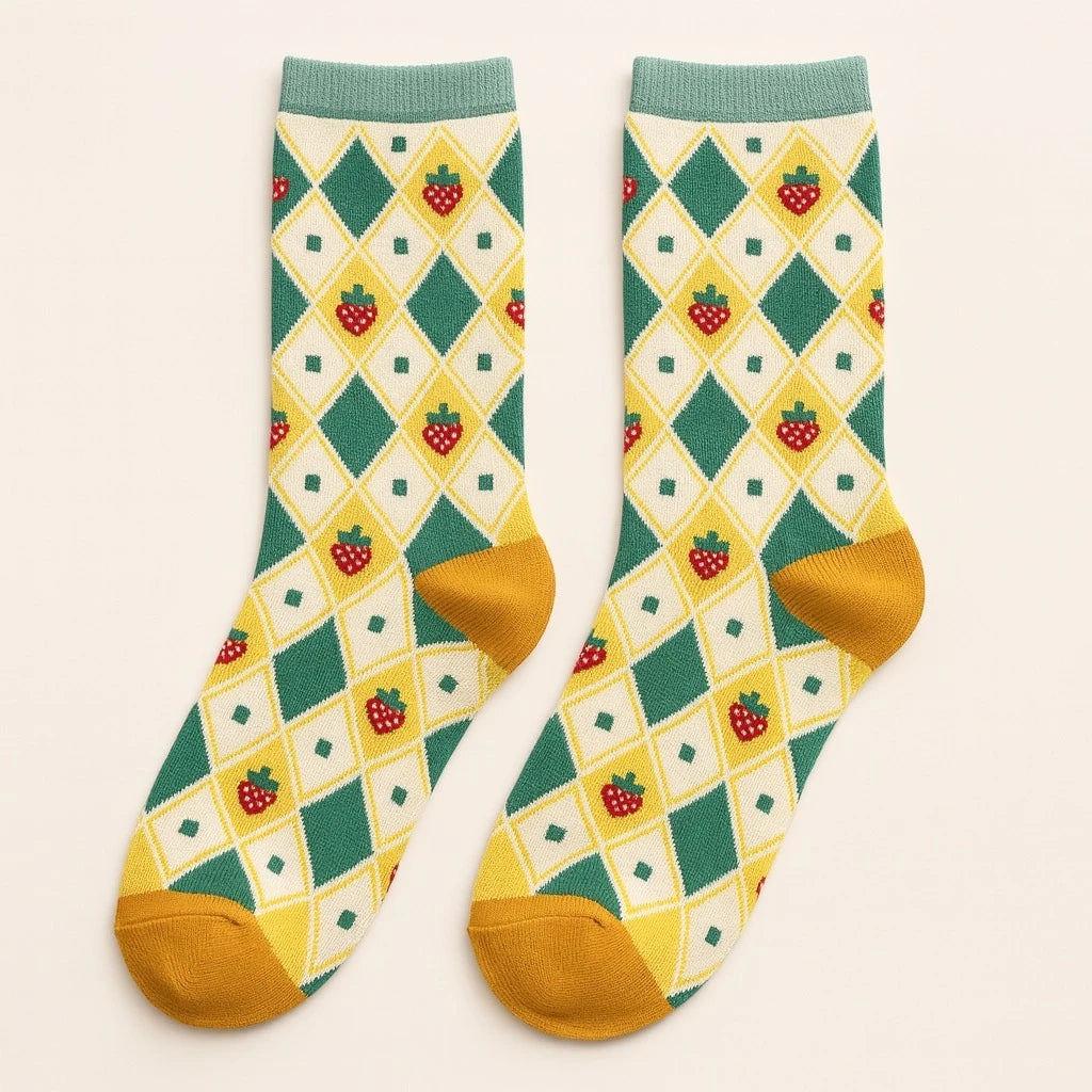 Strawberry Fields Forever Argyle & Strawberry Pattern Crew Sock