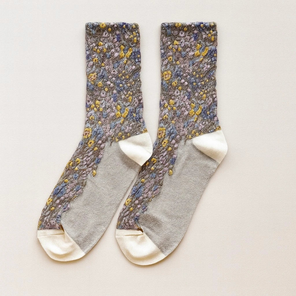 Brueghel Floral Appliqué and Pointelle Crew Sock