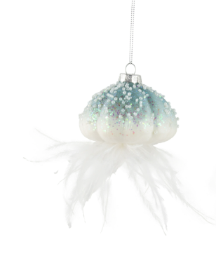 Glass Jelly Fish Ornaments, White With Blue / Green highlights Beads + Feather Trailers