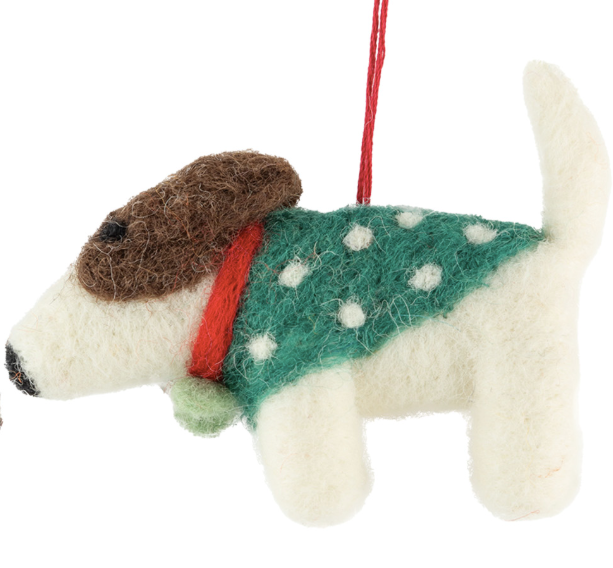 F100 - Felt Dogs Ornament Polka-Dot Sweaters In Red + Green