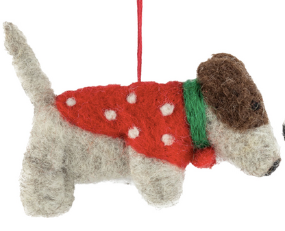 F100 - Felt Dogs Ornament Polka-Dot Sweaters In Red + Green