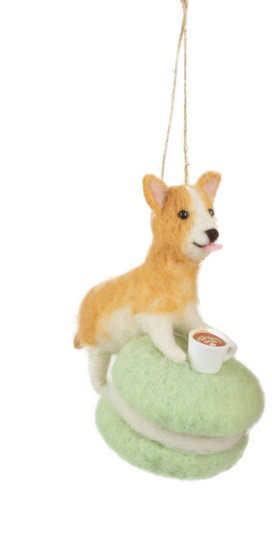 F68 - Felt Dog On Macaroon With Coffee Cup Ornament Pink + Paie Green