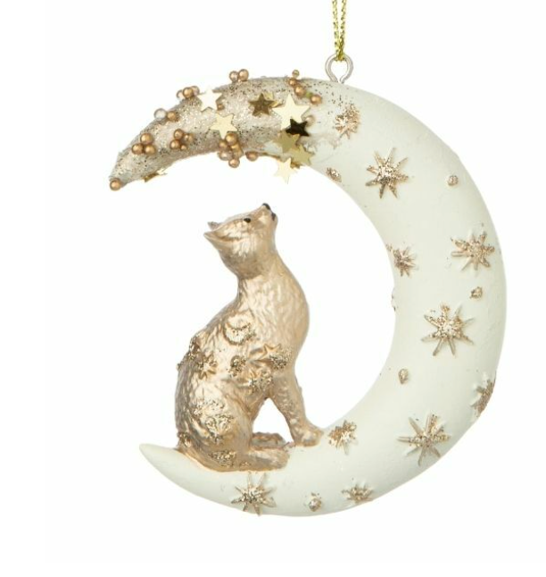 Painted Resin Cat In Crescent Moon Ornament