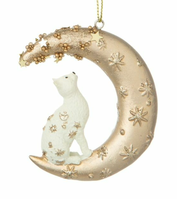 Painted Resin Cat In Crescent Moon Ornament