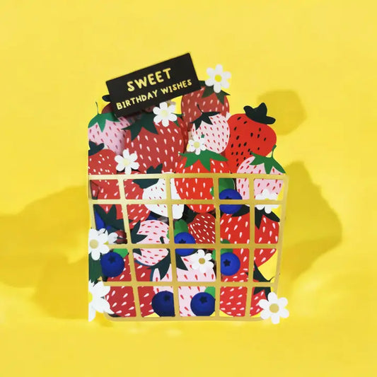 Fruit-themed birthday card with 'Sweet Birthday Wishes' on a yellow background