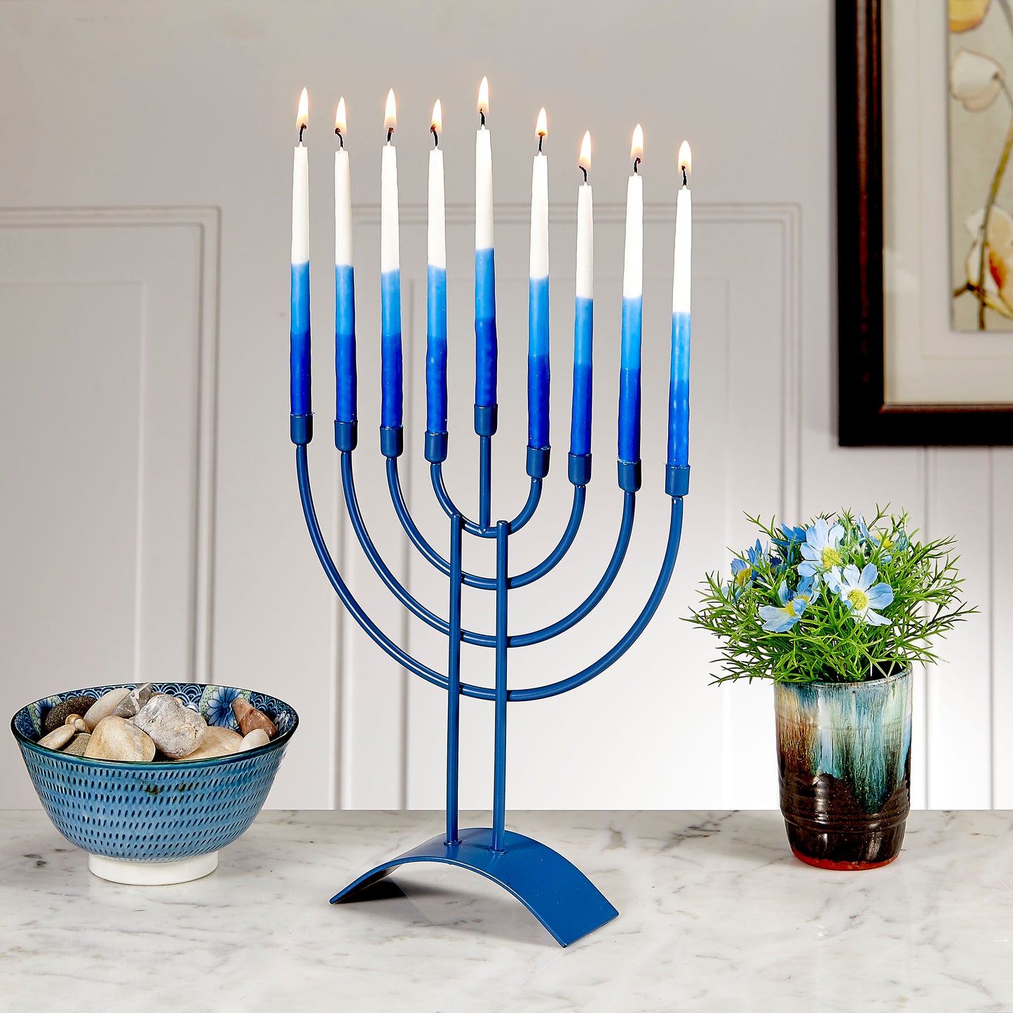 Traditional Steel Matte Slate Blue Menorah