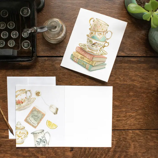 Vintage Teacup Stack on Antique Books Card