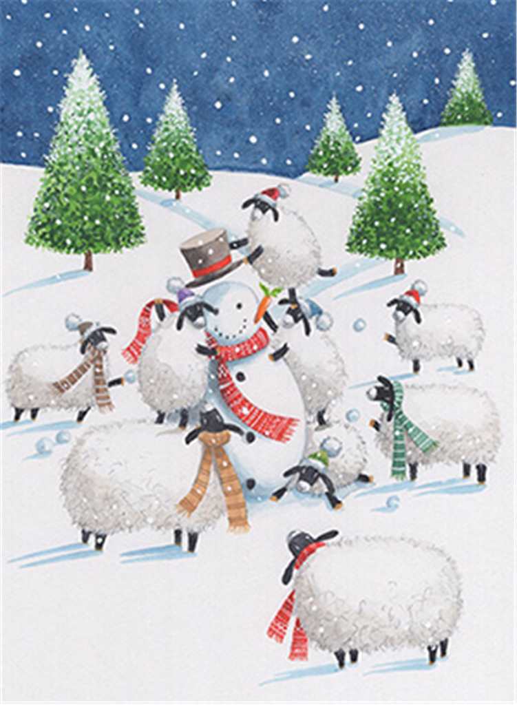 Sheeps With Snowman Christmas Pack Note Cards