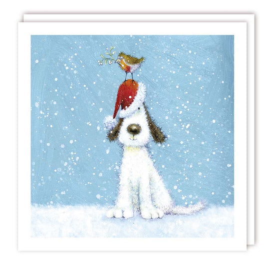 Dog With Santa Hat and Bird Pack of 5 Cards